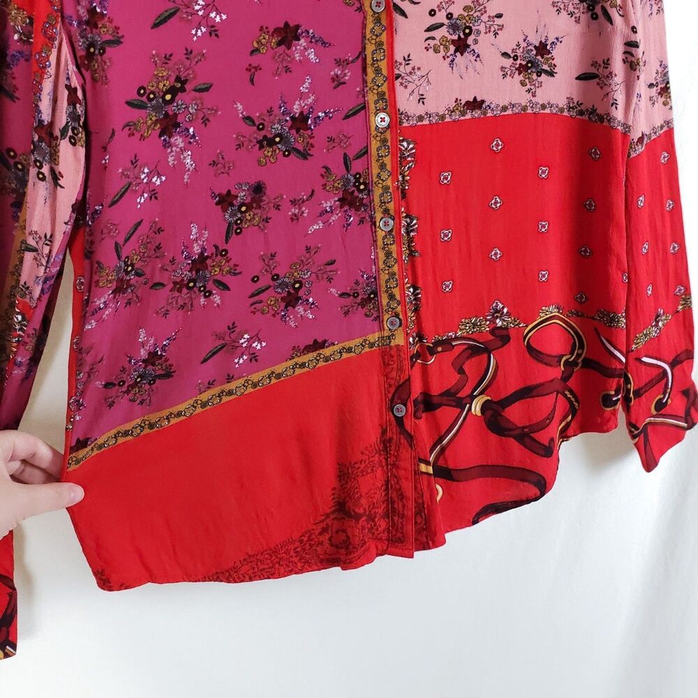 Desigual Bohemian Eclectic Mixed Print Patchwork Top Womens L Artsy Button Front - Picture 6 of 8